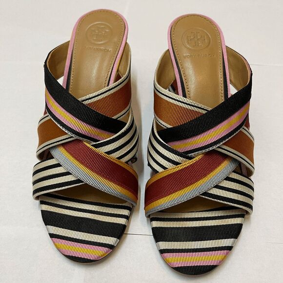 Tory Burch Retro Funky Multicolor Striped Grosgrain Graham Heel Mule Sandals - Picture 10 of 12